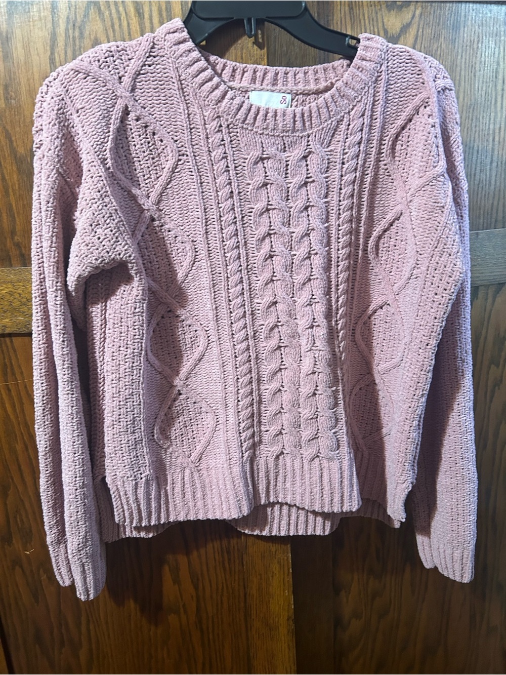 SO Dusty Rose Cable Knit Crew Sweater